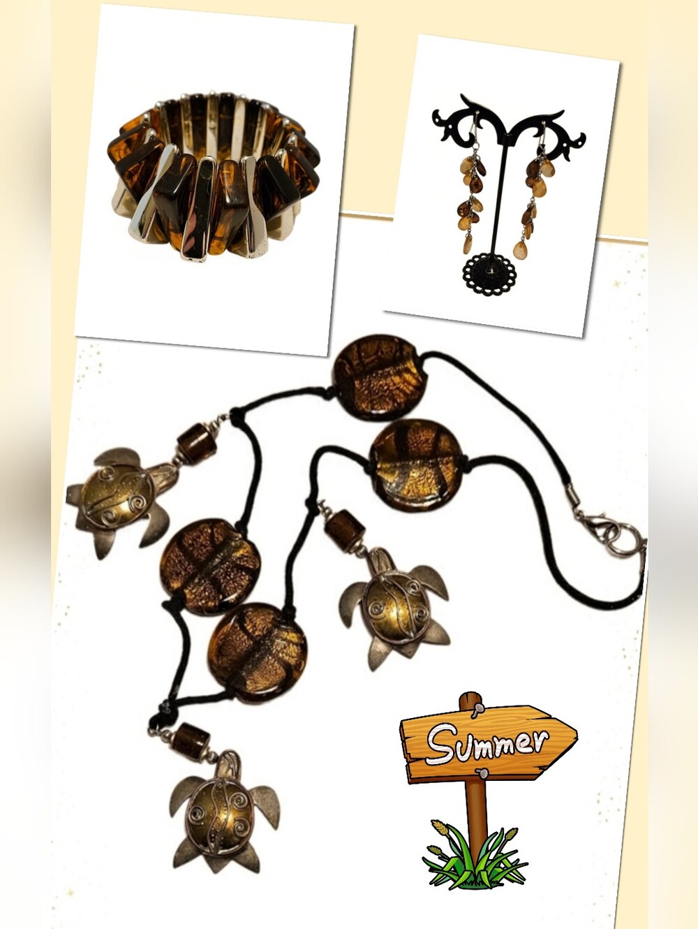 🐞 3/$8 Sea Turtle Charm Necklace Set With Brown Artisan Glass Pendants